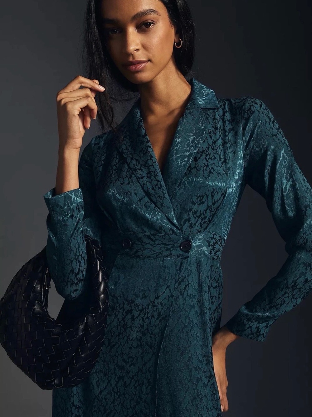 Anthropologie Blazer Wrap Dress Dark Teal Satin Textured Midi Long Sleeve Sz 8 - Picture 4 of 12